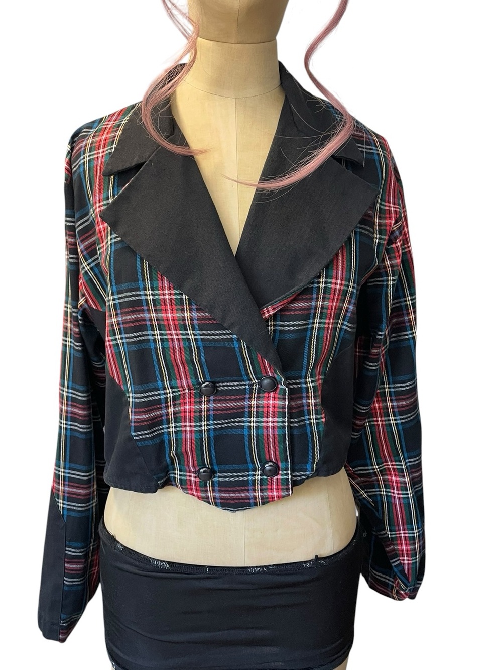 Vintage Banjo Western Dallas Texas Tartan Plaid Black SM Crop Jacket Top